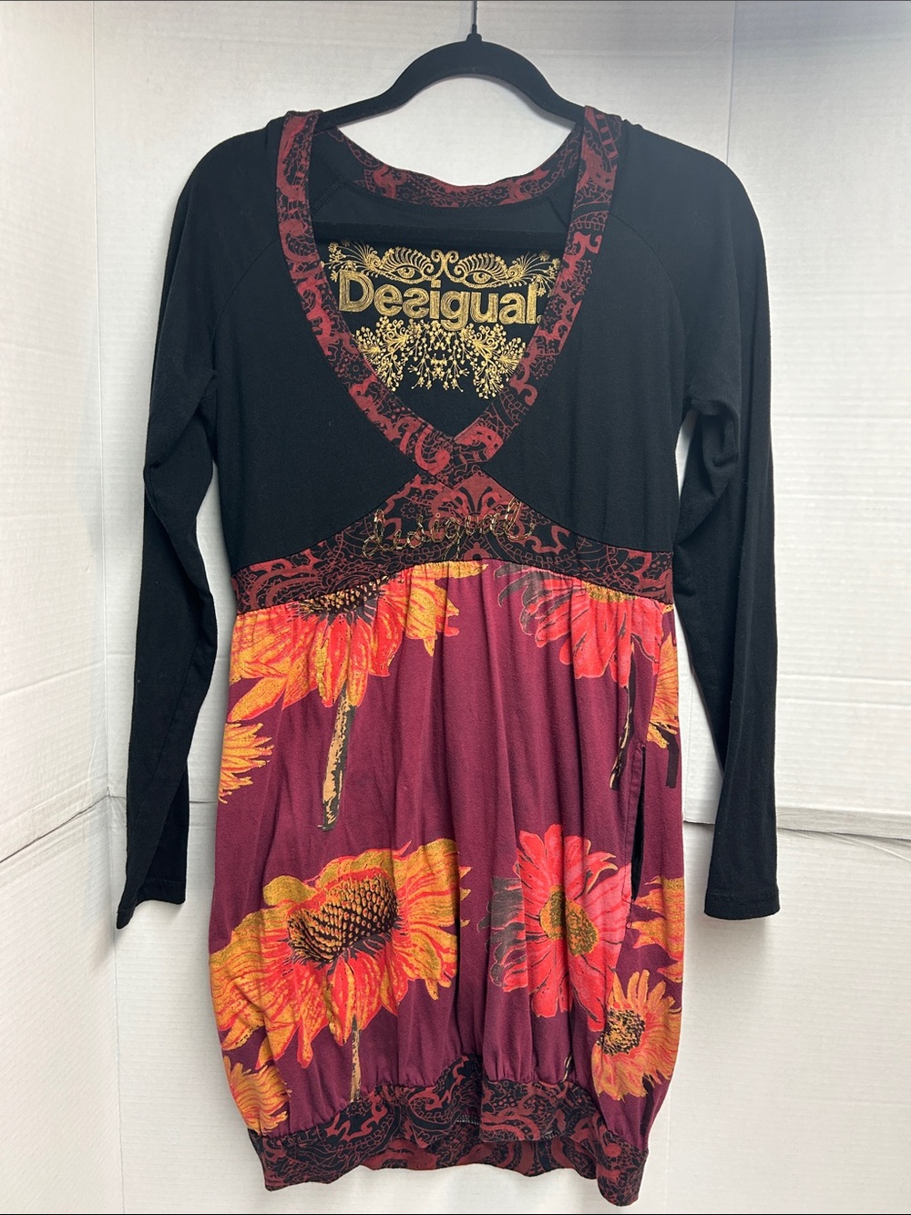 Desigual Black Tunic with Burgundy and Gold Sunflower Print size L